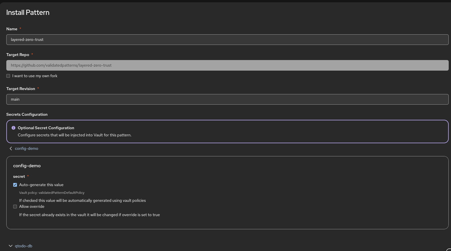 Layered Zero Trust pattern installation form