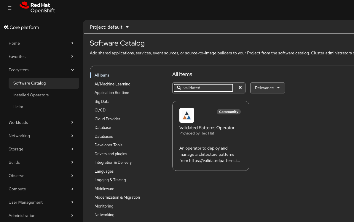 Validated Patterns Operator in the Software Catalog