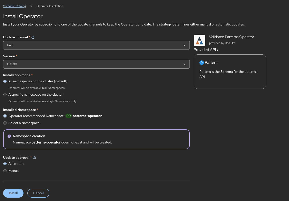 Operator installation configuration