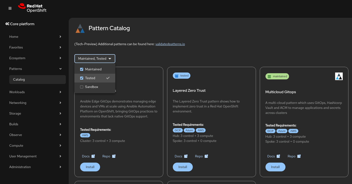 Pattern Catalog with Tested filter selected