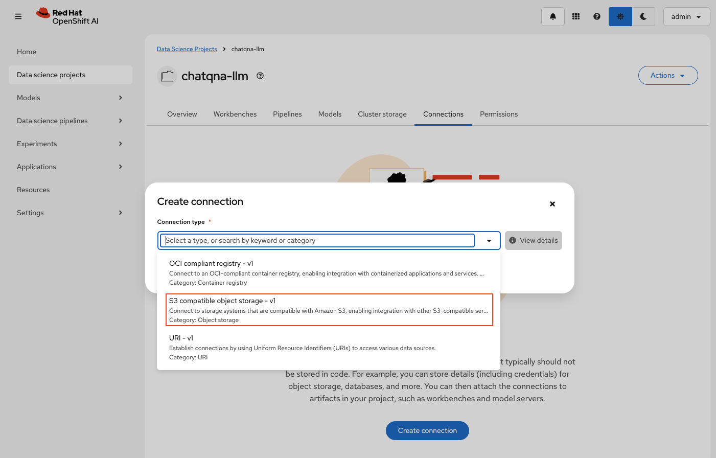Red Hat OpenShift AI - Create Connection - Connection type