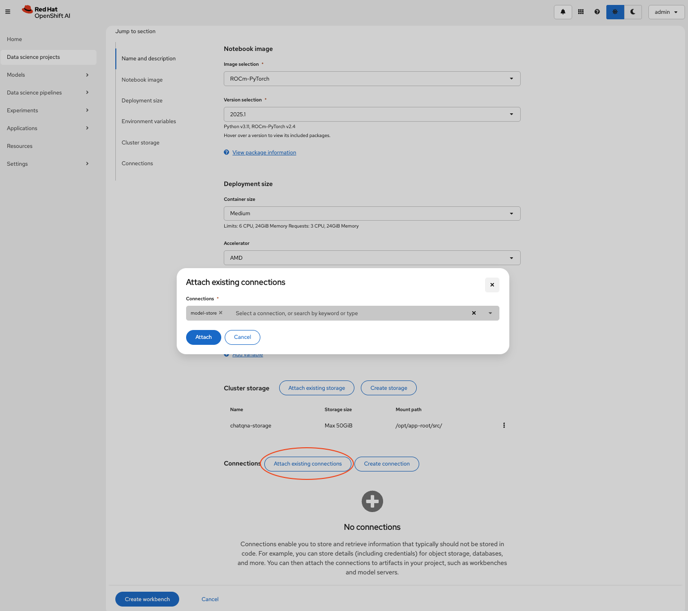 Red Hat OpenShift AI - Create Workbench - Attach existing connections