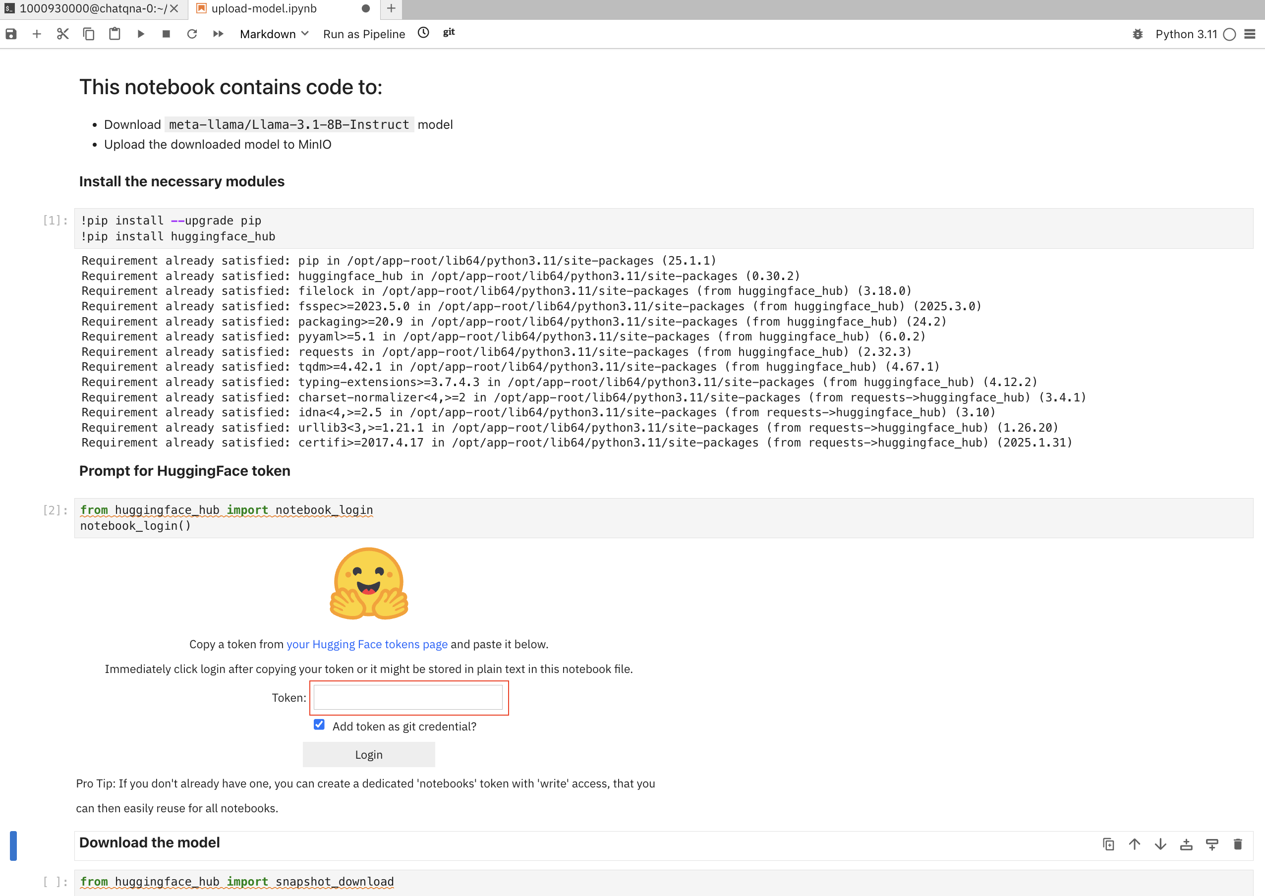 Red Hat OpenShift AI - Run Jupyter notebook - Hugging Face token prompt